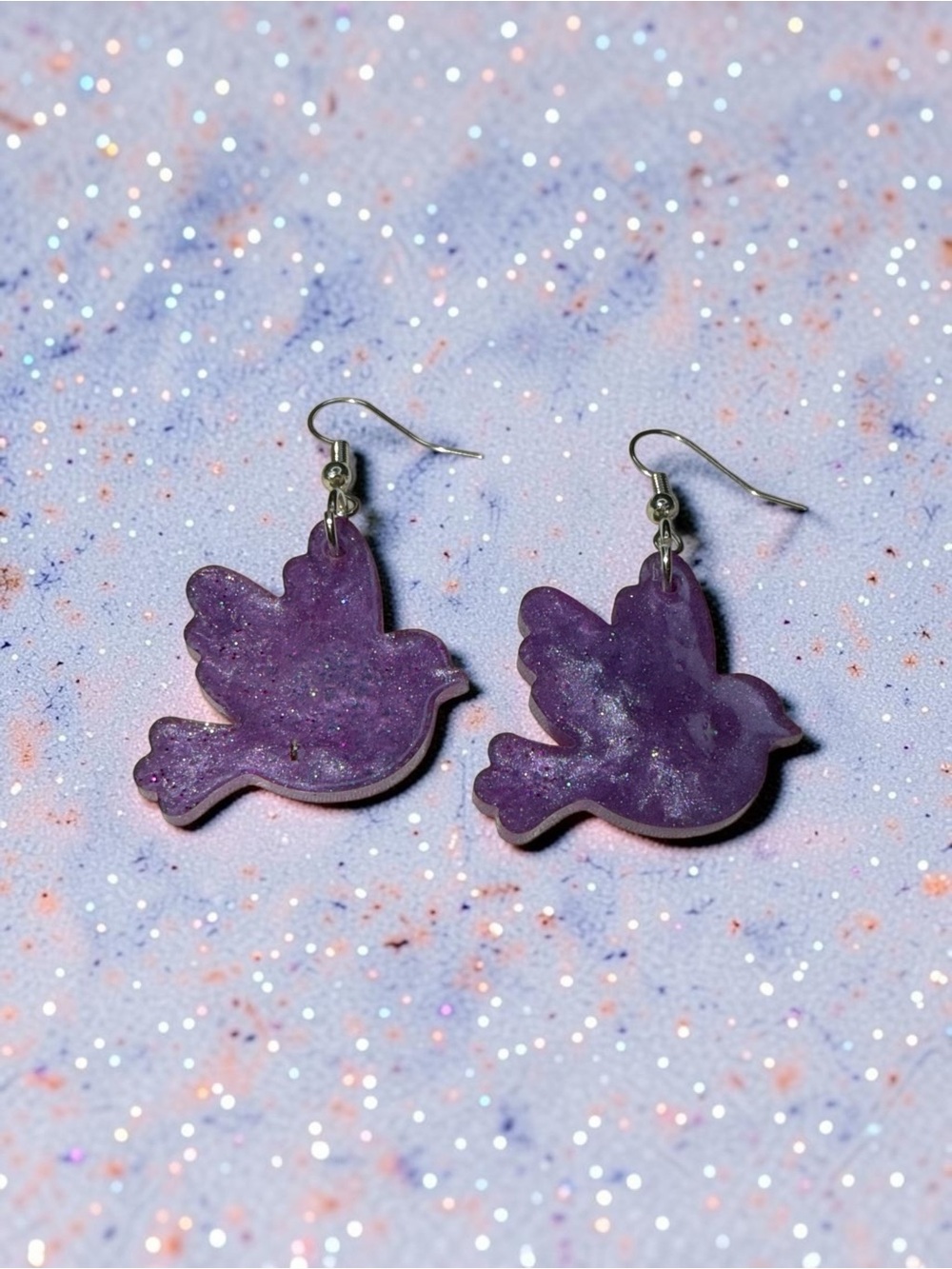 Handmade Purple Glitter Dove Bird Resin Dangle Earrings